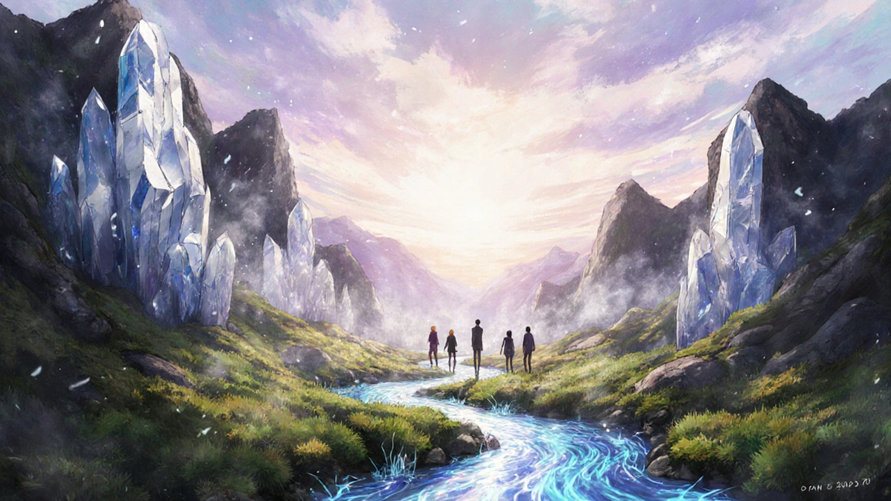 A serene landscape of a healed scalp as a valley with crystalline cliffs blocking dark fungal mist.