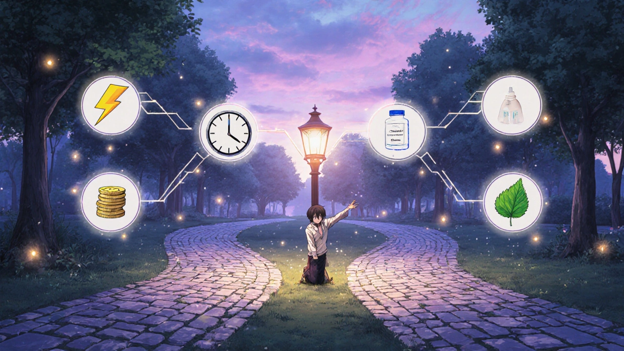 Anime park scene with diverging paths marked by icons for speed, duration, cost, and natural options.