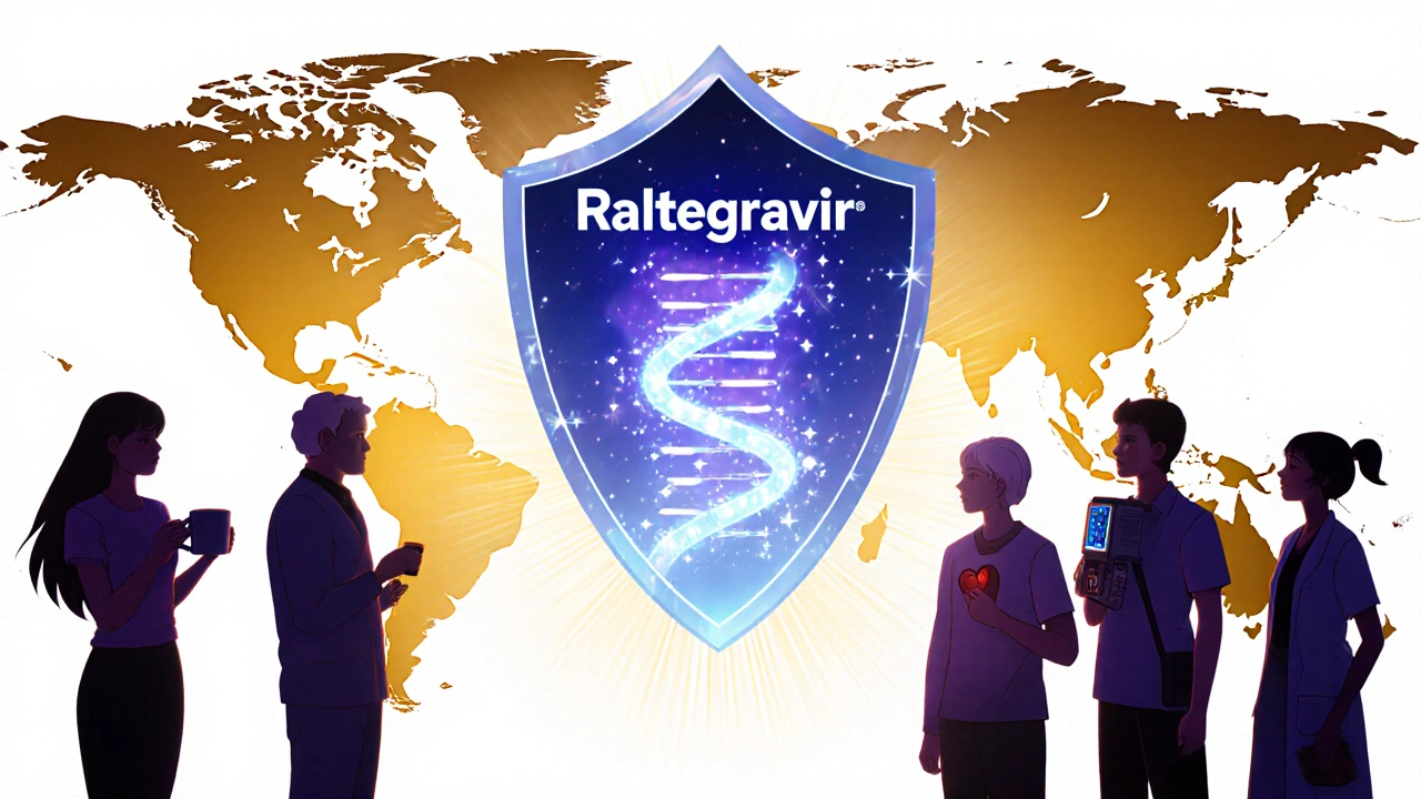 Anime-style glowing shield blocking viral DNA integration, symbolizing raltegravir.