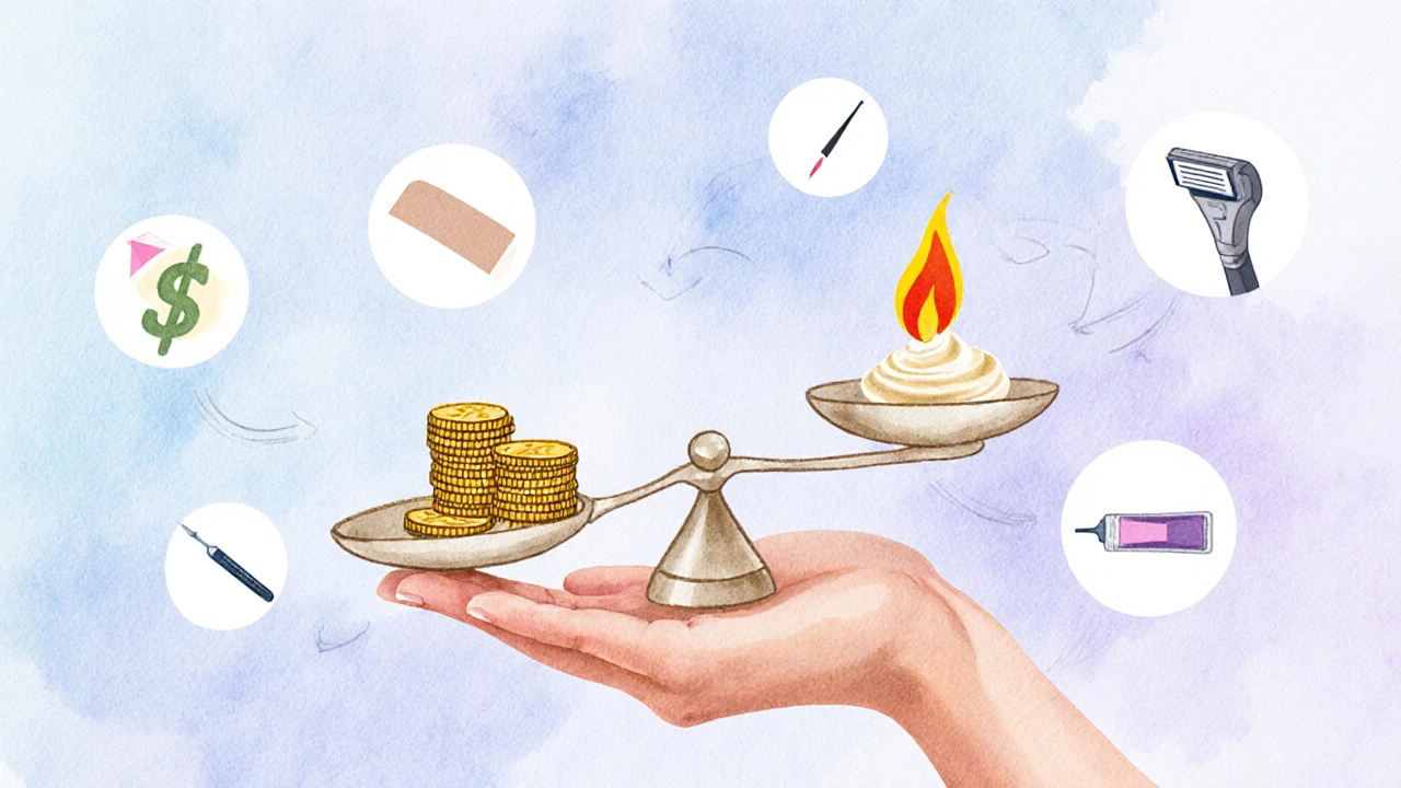 Artistic hand balances cost coins against a pain flame with hair‑removal icons floating nearby.
