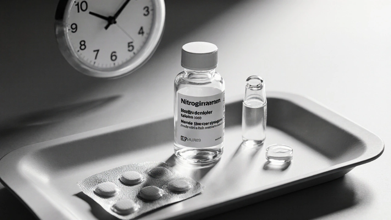 Black‑white tray showing a patch, beta‑blocker bottle, and calcium‑channel blocker capsule.