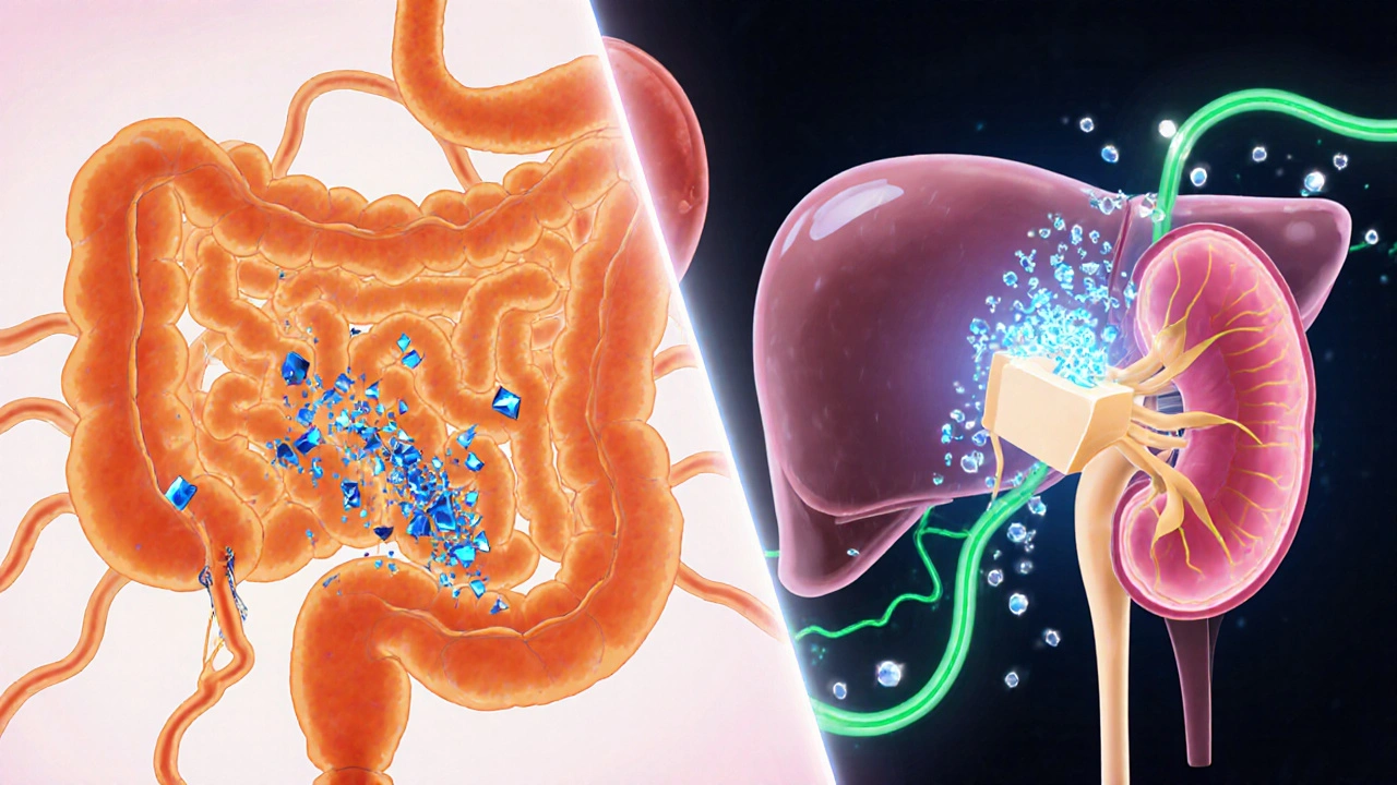 Body illustration with Acarbose blocking intestinal enzymes, SGLT2 inhibitor acting in the kidney, and metformin effect in the liver.