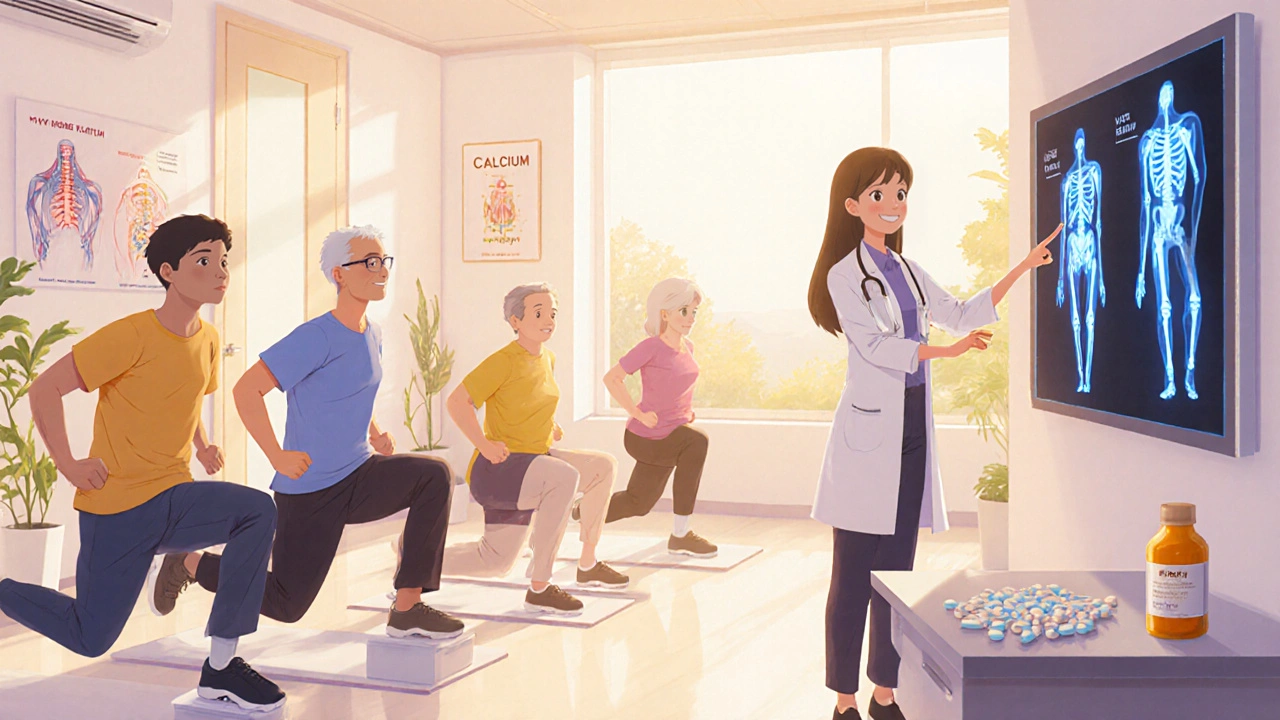 Clinic scene with patients exercising, doctor showing DXA scan, calcium and vitamin D supplements nearby.