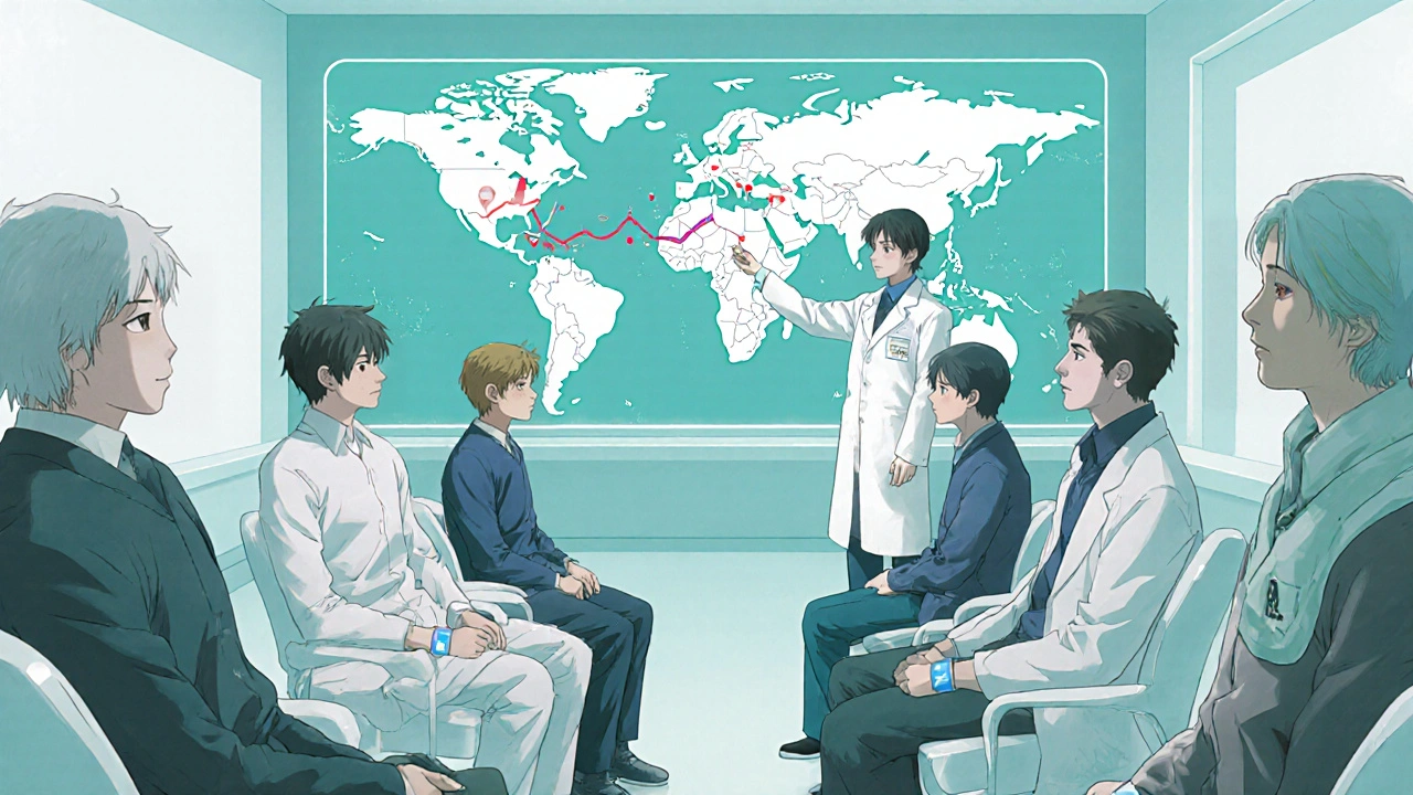 Clinical trial room with diverse participants and a doctor presenting data.