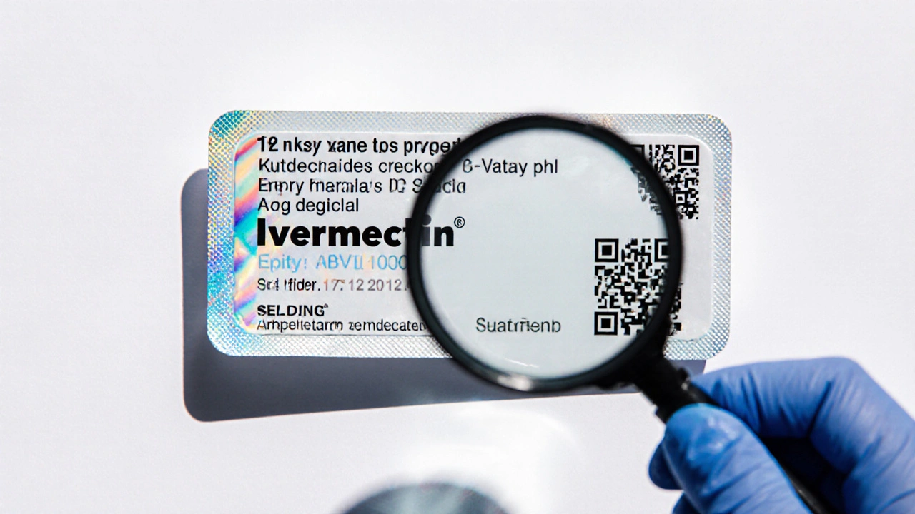 Close‑up of ivermectin blister pack showing batch number, expiry date, and holographic seal.