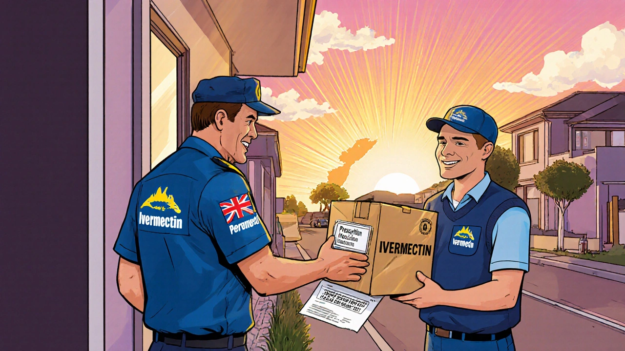Courier delivering a sealed ivermectin package to a doorstep in an Australian suburb.