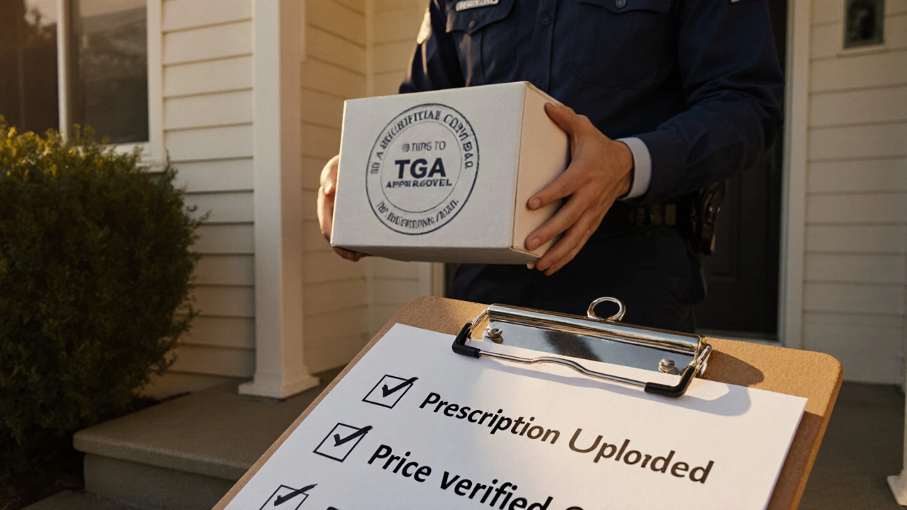 Courier handing a sealed medication package to a homeowner, with a checklist and TGA seal visible.