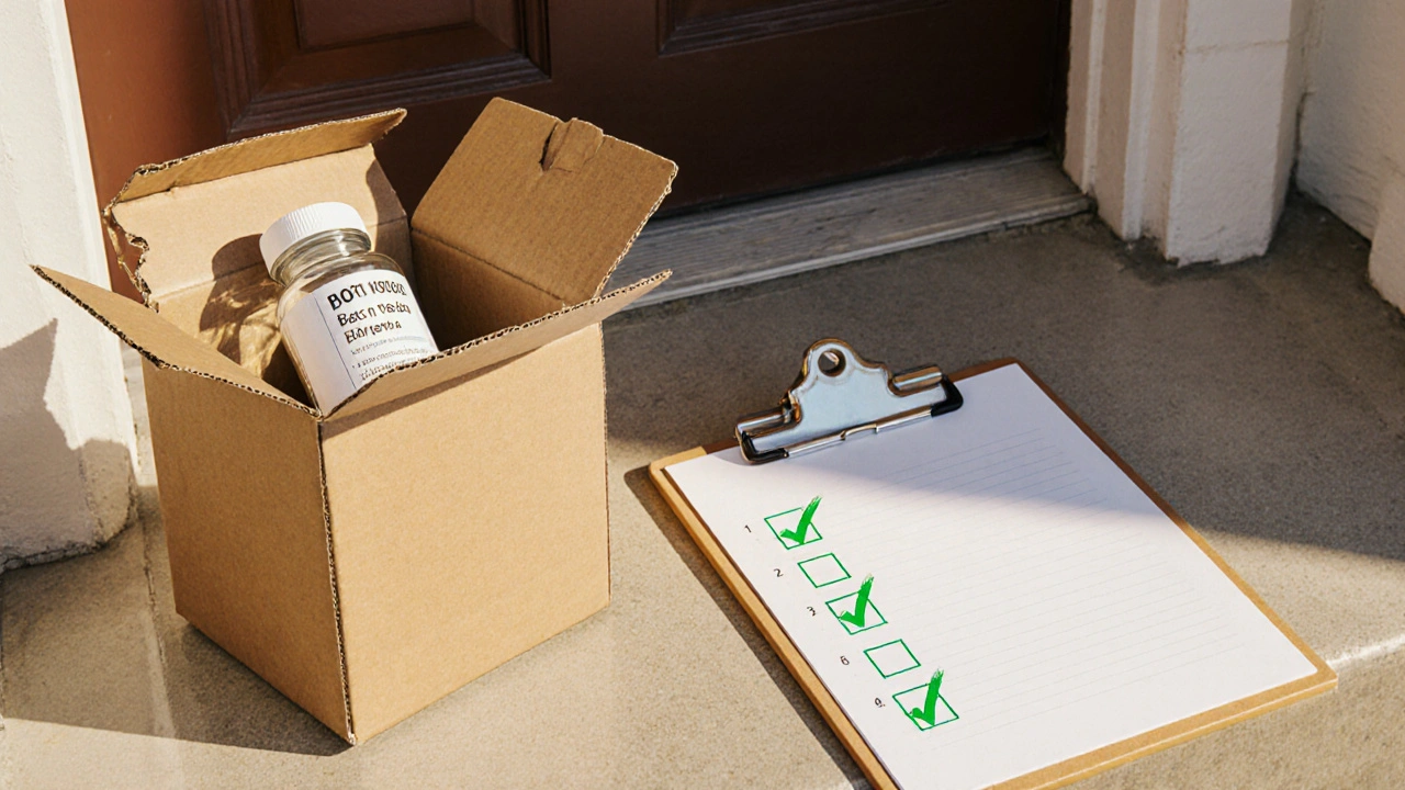 Delivered box showing pill bottle and checklist with green checkmarks.