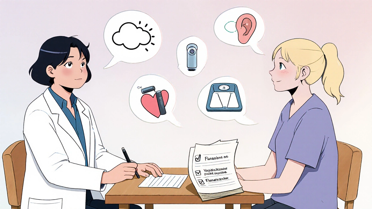 Doctor and patient discussing medication with checklist icons for migraine, vertigo, and health factors.