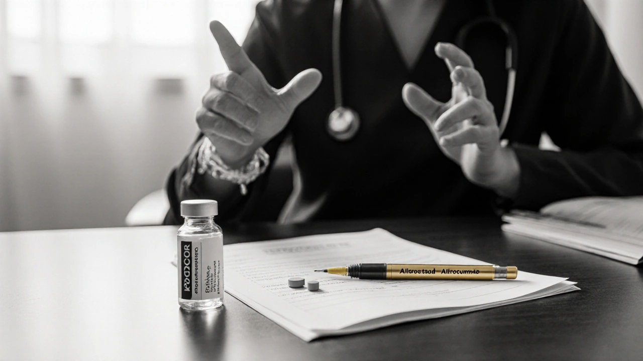 Doctor discussing medication options with patient, showing pill and injection pen.