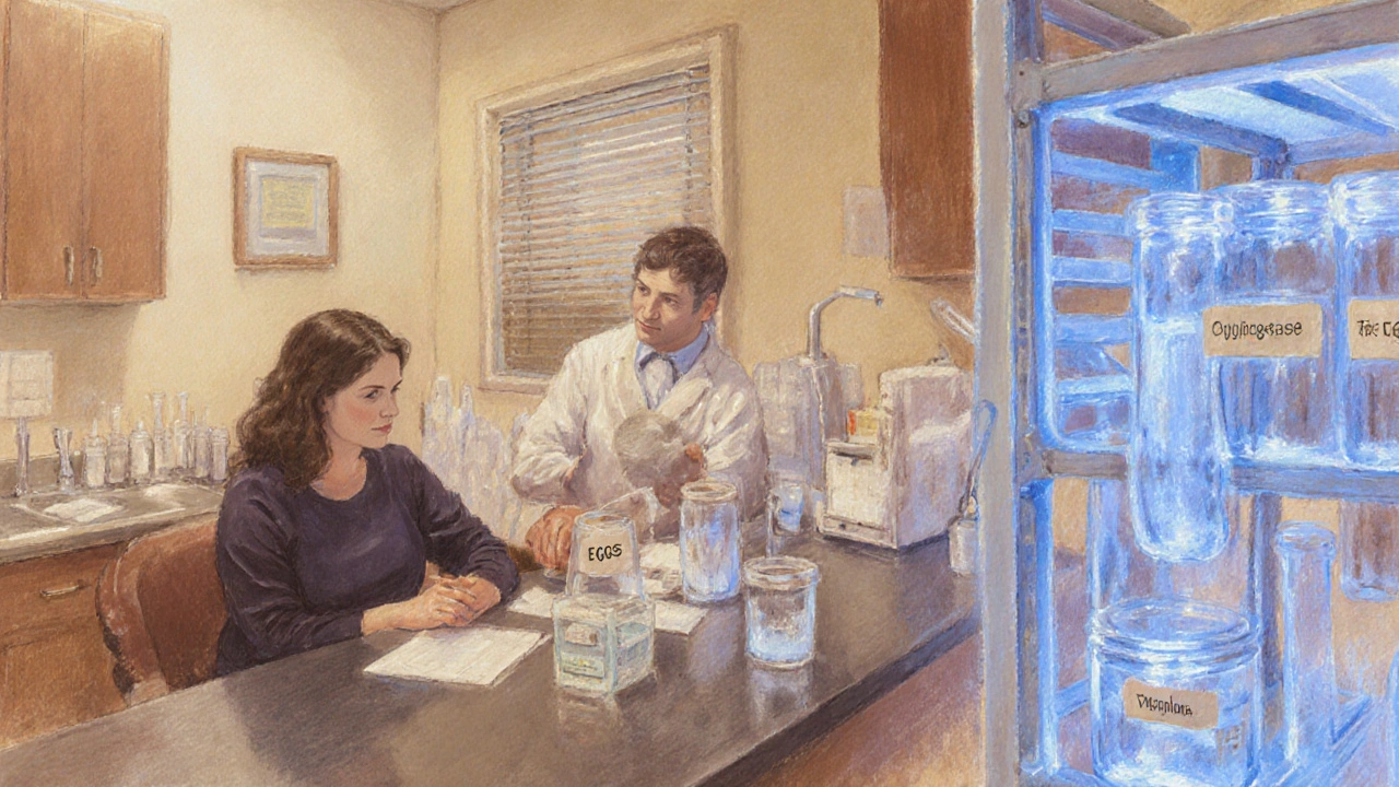 Fertility clinic scene with doctor, lab technician, and cryopreservation vials.