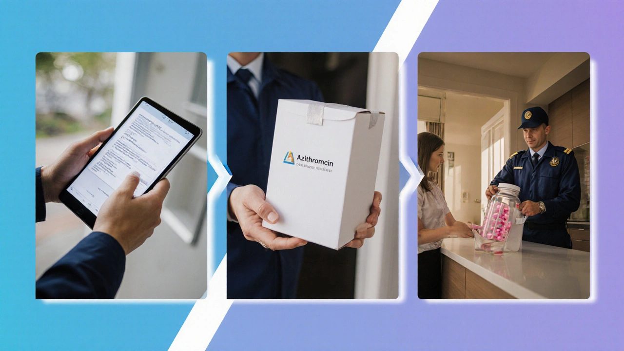 Five-step montage showing prescription, upload, sealed box, delivery, and unboxing of azithromycin.