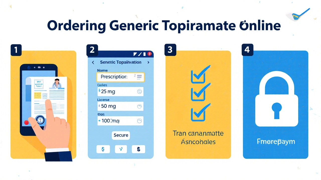 Four-panel illustration showing prescription upload, dosage choice, price verification, and payment for generic topiramate.