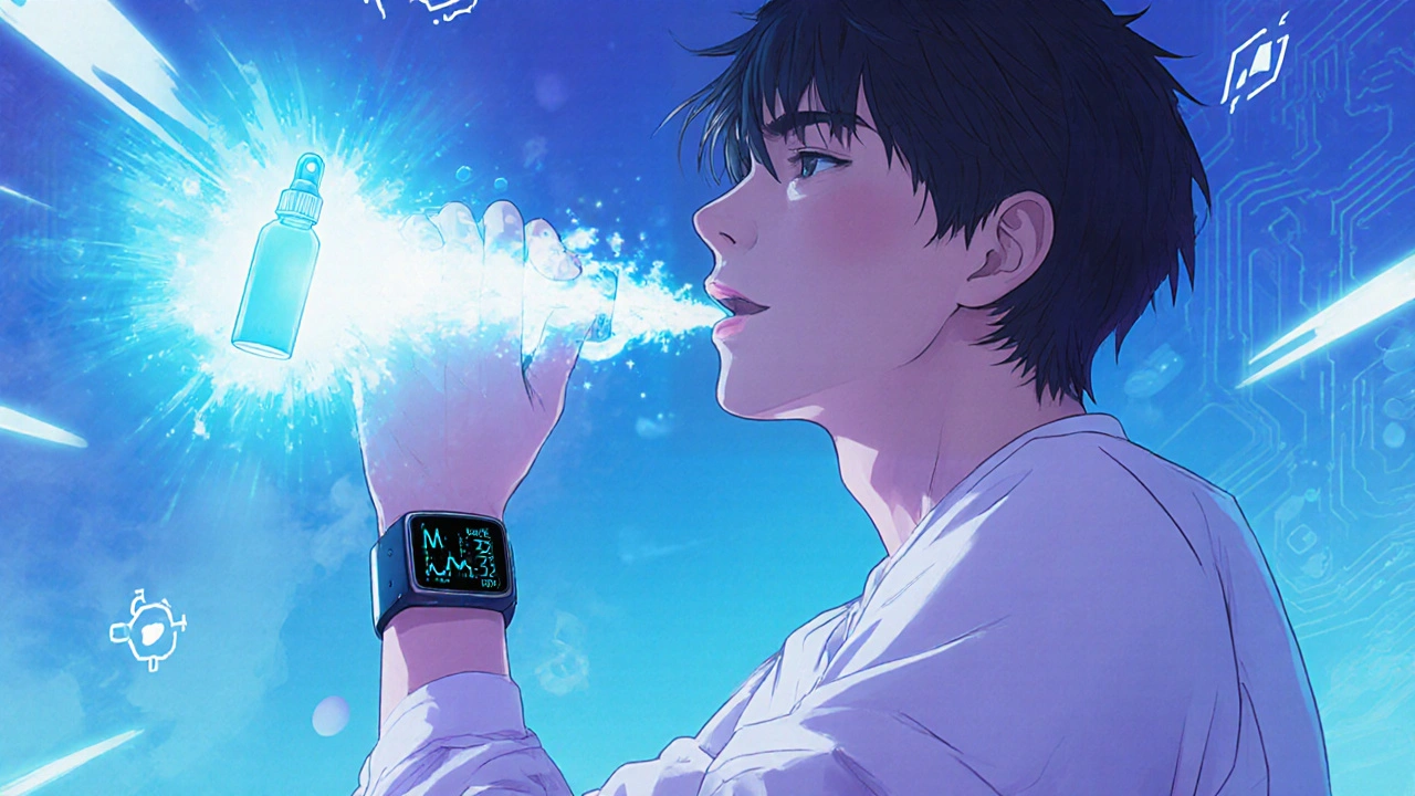 Futuristic scene of a sublingual spray and a wearable health monitor.