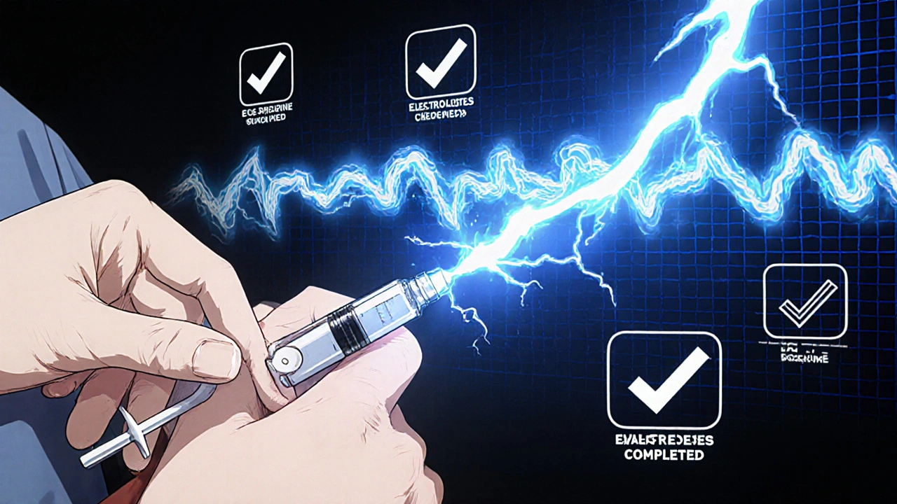 Hand injecting magnesium sulfate as electric energy restores a normal heart rhythm on a holographic ECG.