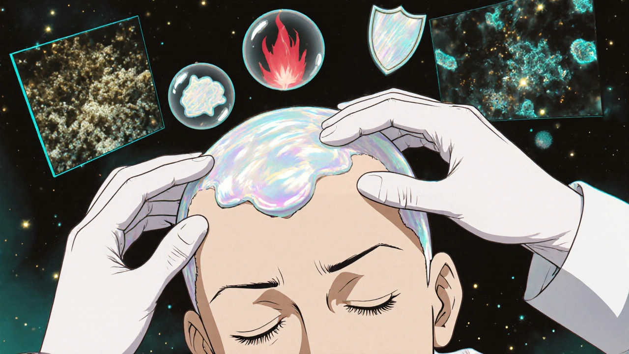 Hands applying a glowing scalp treatment with floating symbols of flaking, inflammation, and healing.