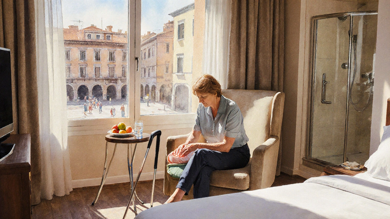 Hotel room scene with traveler using a warm pack on the knee near a window.