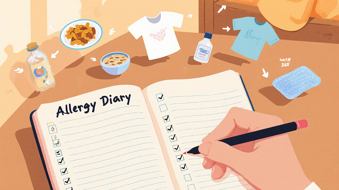 Illustration of a diary page with a pen, surrounded by food, clothing, moisturizer, oatmeal, and ice pack icons.