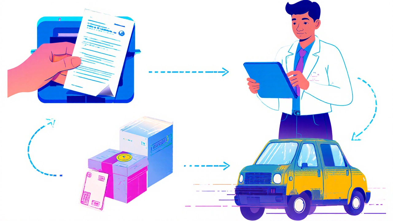 Illustration of prescription upload, pharmacist review, and package shipping.