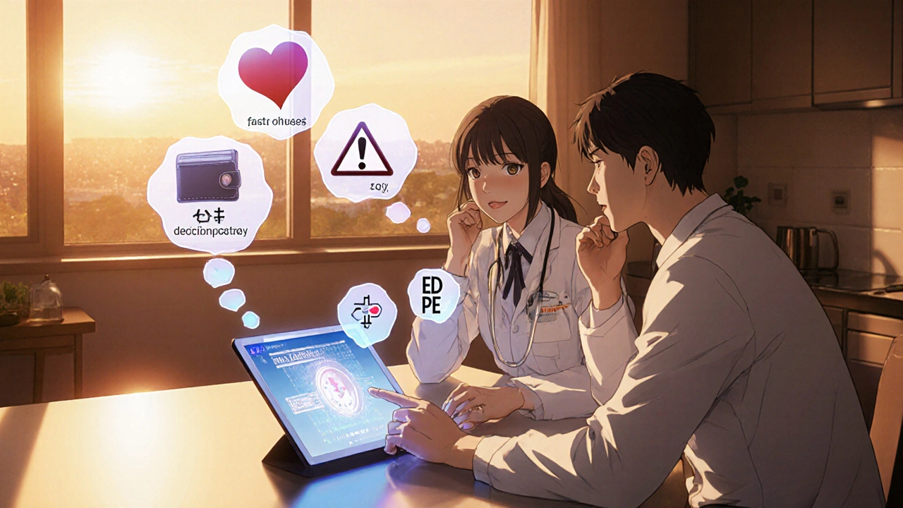 Man consulting a doctor via hologram, thought bubbles show onset, cost, safety, and dual‑action factors.