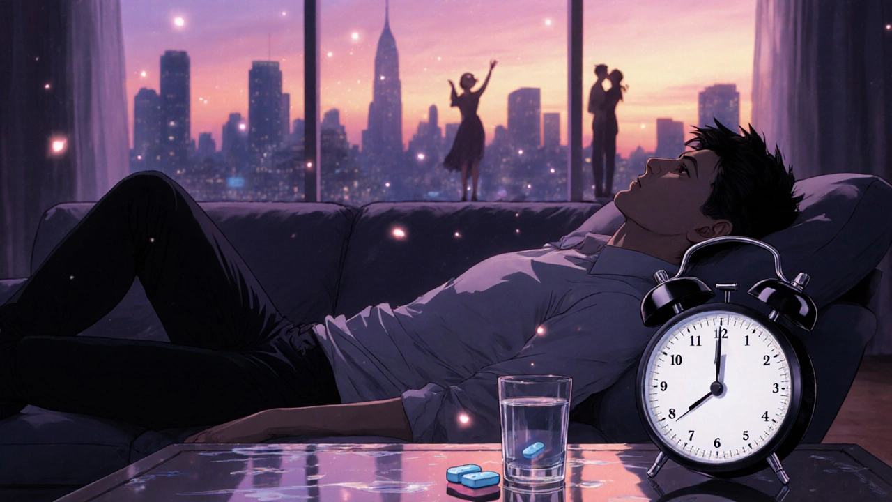 Man relaxing with Cialis tablet as day turns to night, symbolizing 36-hour effectiveness.