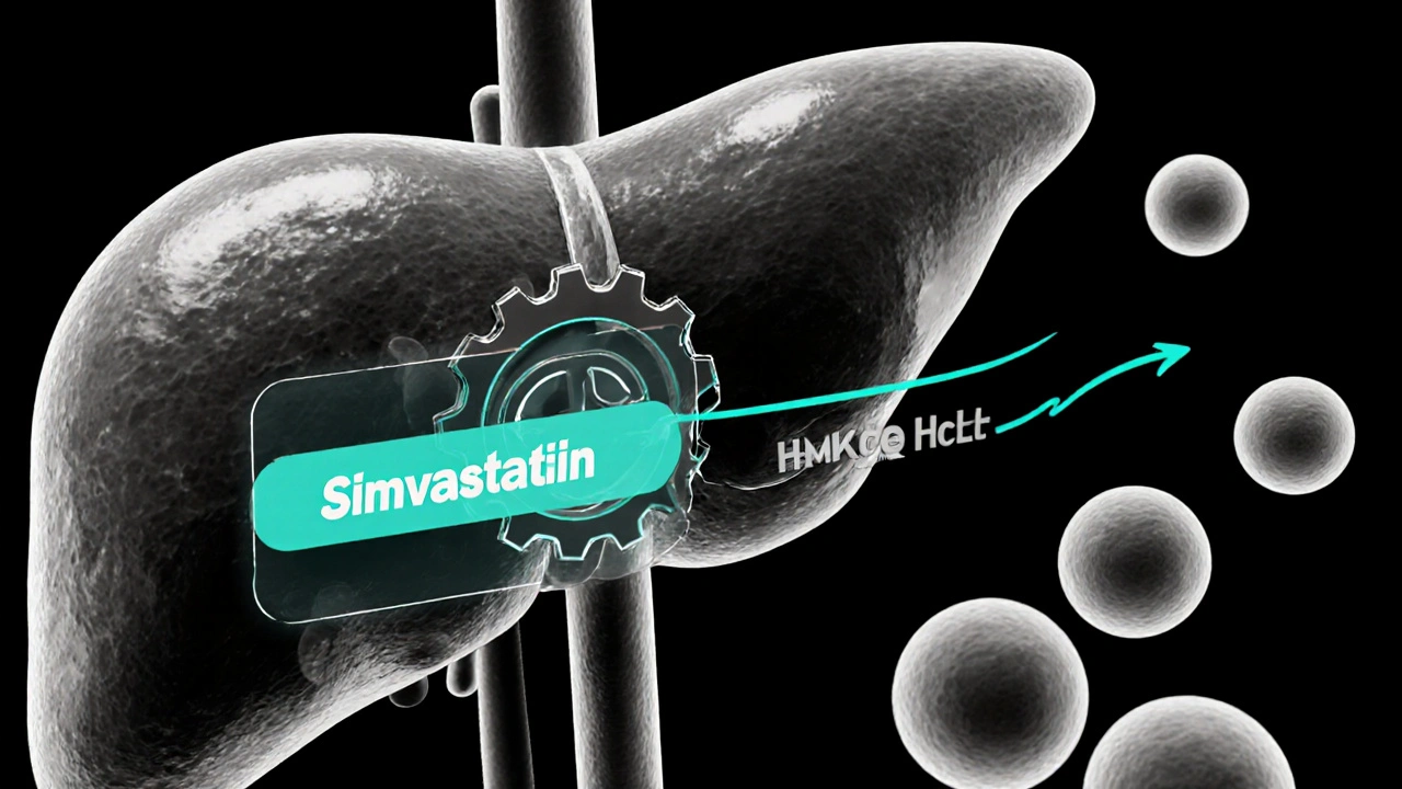 Medical illustration showing simvastatin blocking cholesterol synthesis in liver cells.