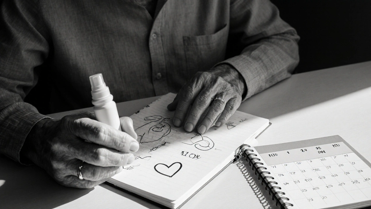 Older person at a kitchen table reviewing meds, holding nitroglycerin spray in monochrome.