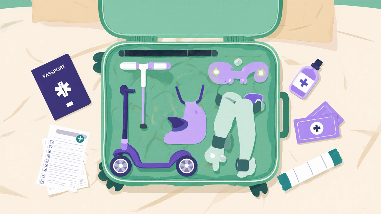 Open suitcase showing cane, walker parts, compression sleeves, and medication items.