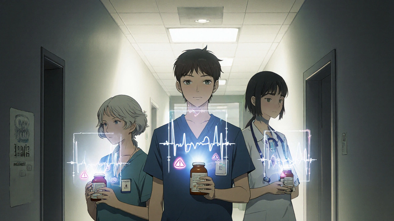 Patients with glowing QT intervals and warning symbols above pill bottles, representing hidden drug risks.