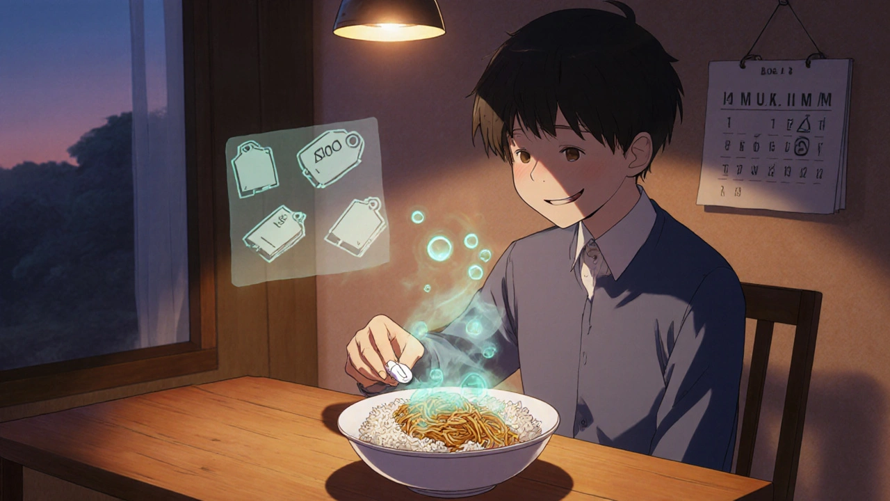 Person at a kitchen table taking a pill with a bowl of rice, surrounded by subtle gas bubbles and faded price symbols.