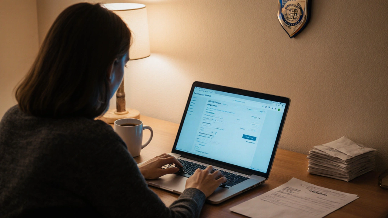 Person browsing a trusted online pharmacy on a laptop in a cozy home office.
