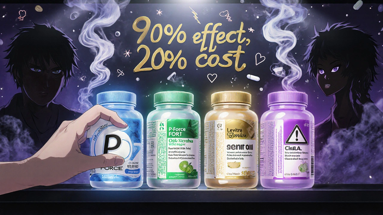 Pharmacy shelf with ED medications glowing in colored auras, hand reaching for affordable option.