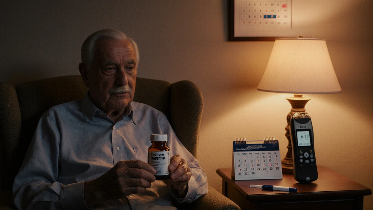 Senior holding warfarin bottle beside an INR test kit in a cozy home at dusk.