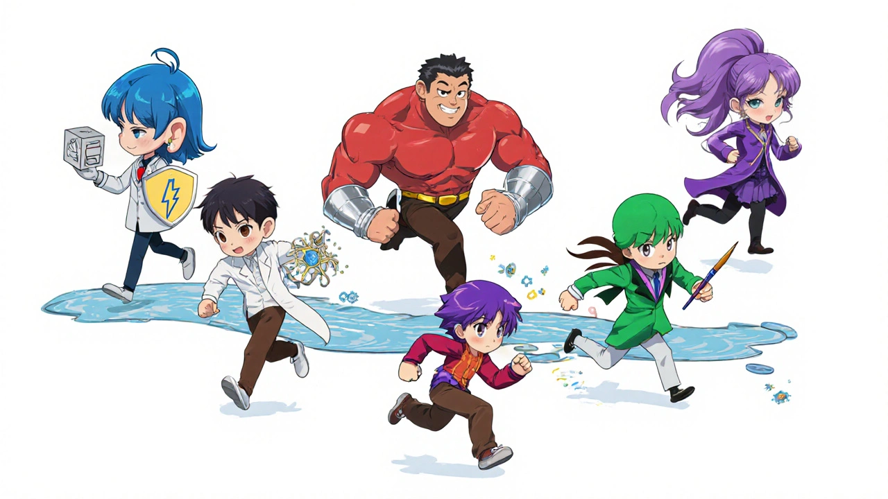 Seven anime characters each representing a different migraine or vertigo medication.