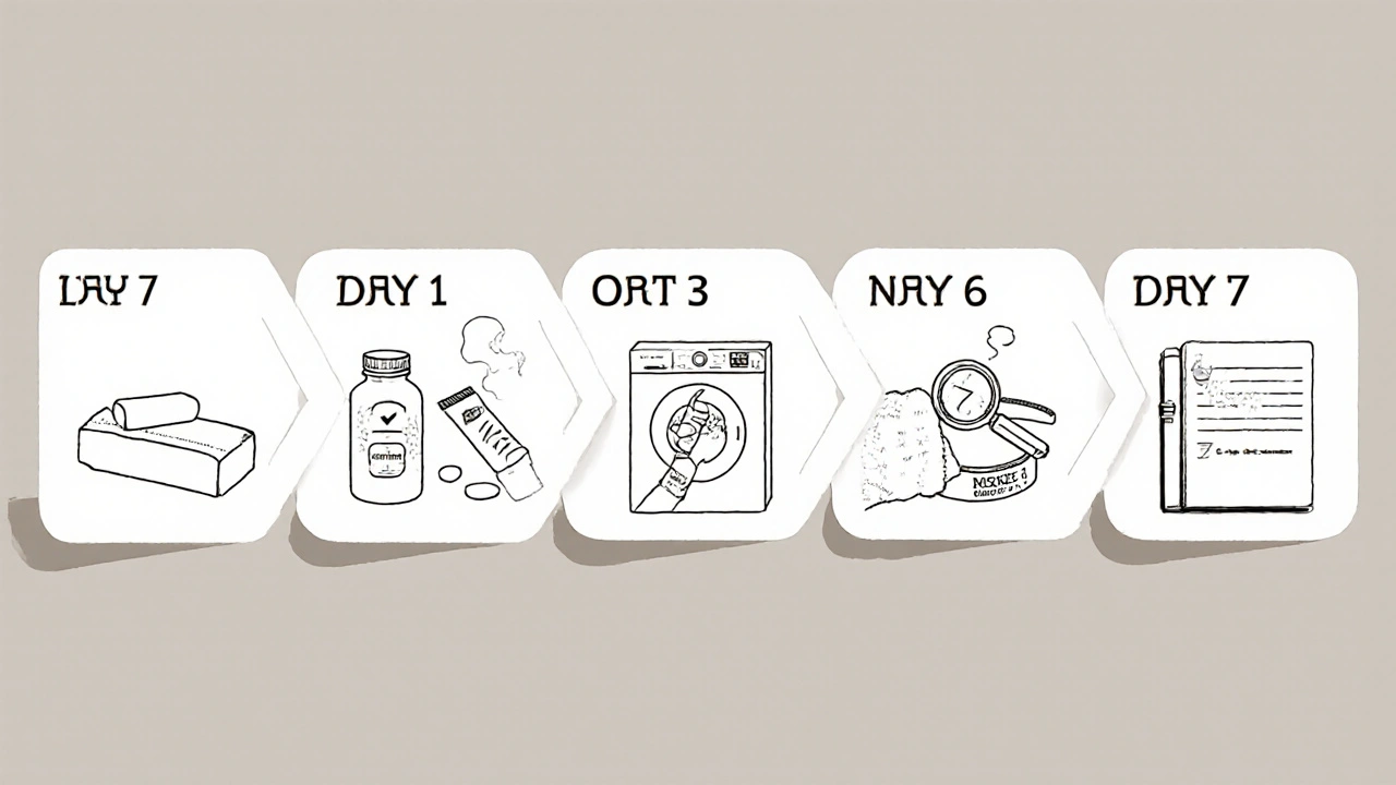 Seven‑panel timeline showing soap, antihistamine, laundry, cotton sleeve vs. nickel, cream, skin exam, and diary check.