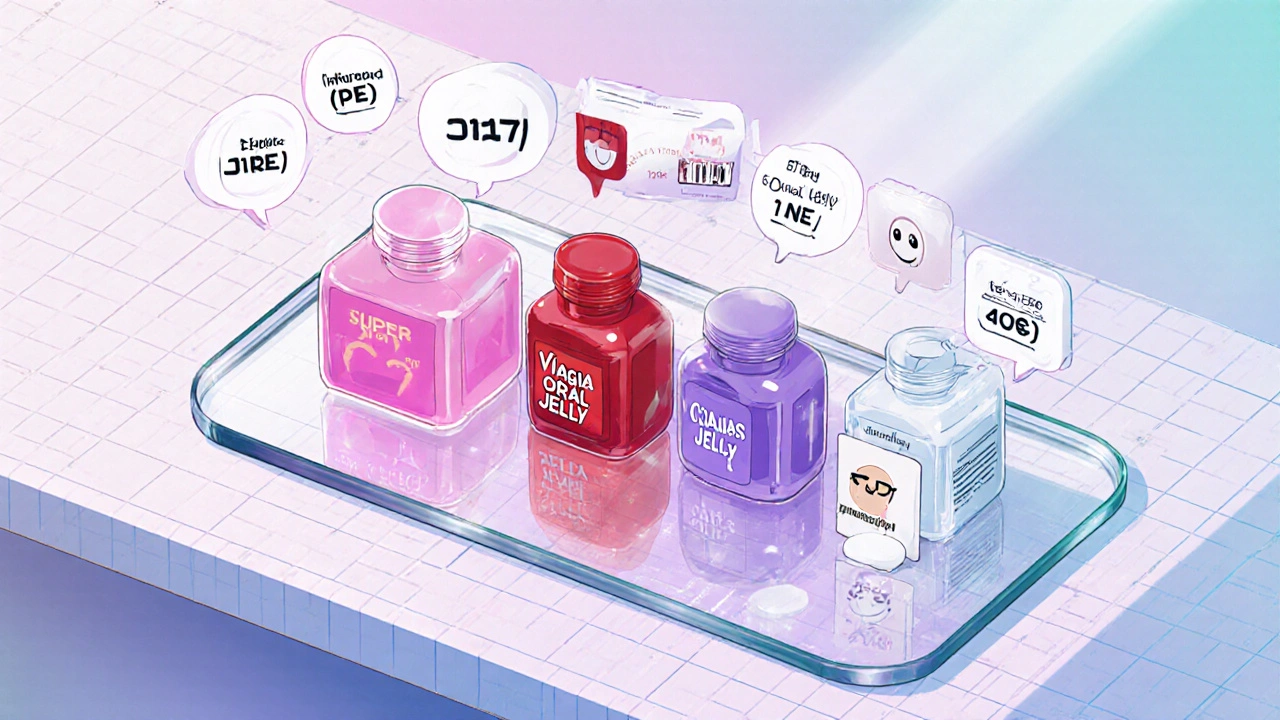 Side‑by‑side display of five ED/PE products with floating bubbles showing onset, duration, and price.