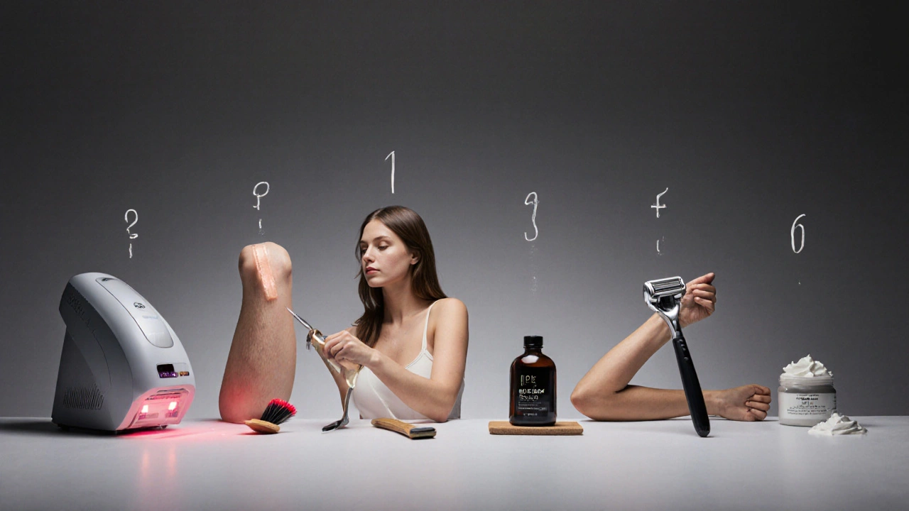 Side‑by‑side display of laser, electrolysis, waxing, cream, IPL, and shaving treatments on skin.