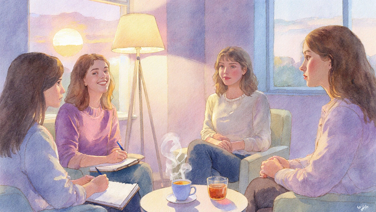 Support group of young women in a counseling room sharing tea.