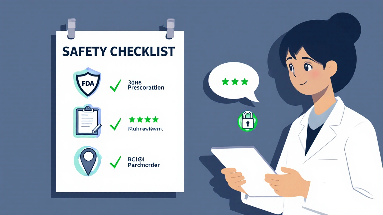 Wall board showing five safety icons with checkmarks and a pharmacist reviewing an order.