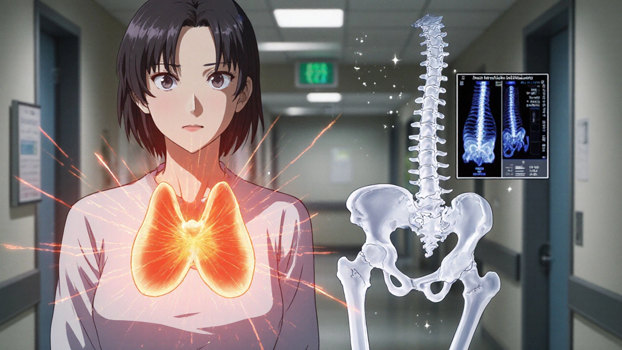 Woman with overactive thyroid emitting red energy, surrounding bones show cracks and fast turnover.
