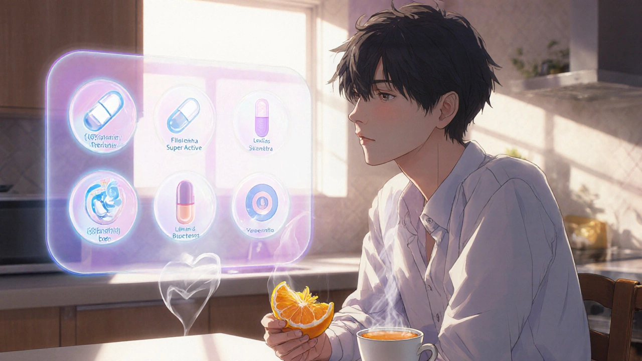 Young man at a kitchen counter looking at floating holographic pill icons.