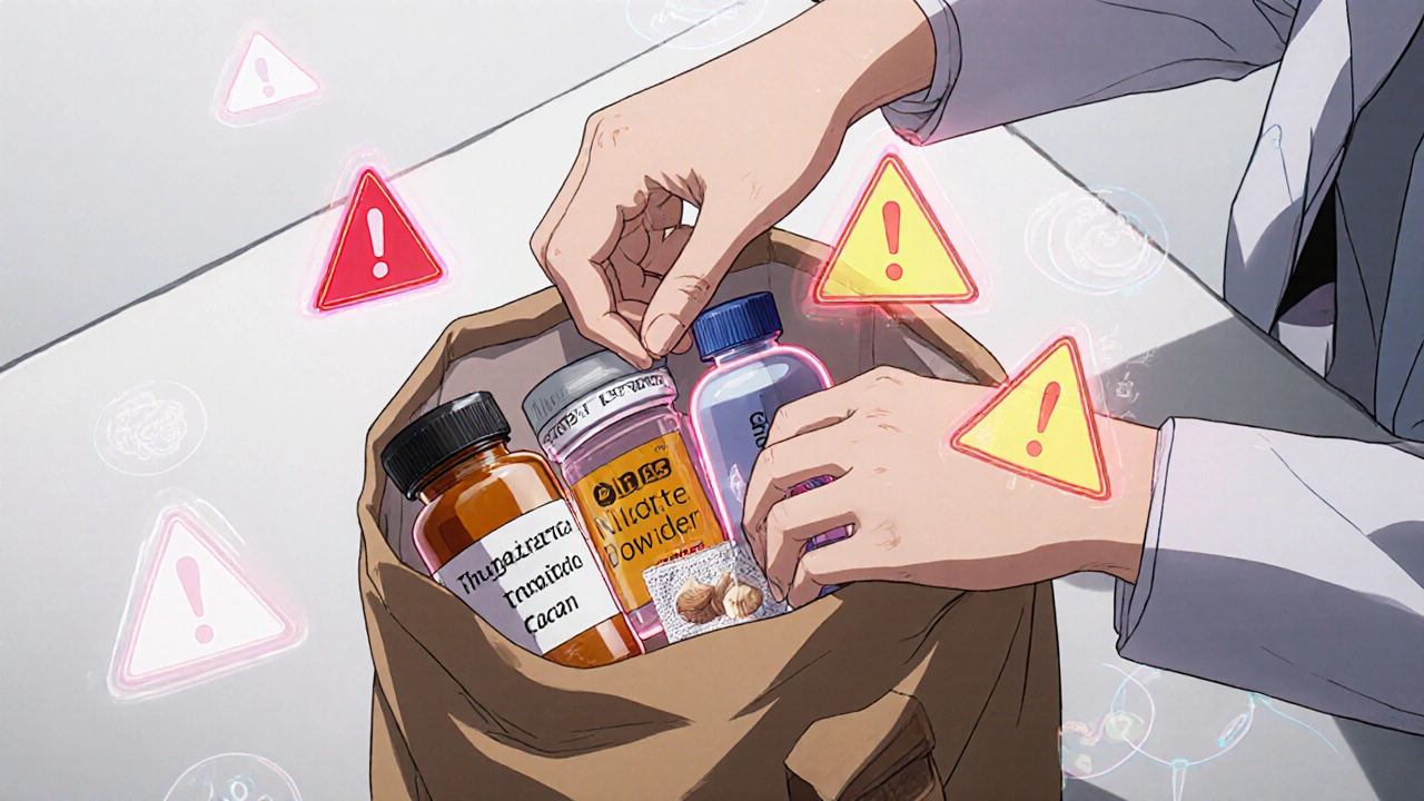 A doctor examines pills and supplements from a brown bag with digital alerts floating nearby.