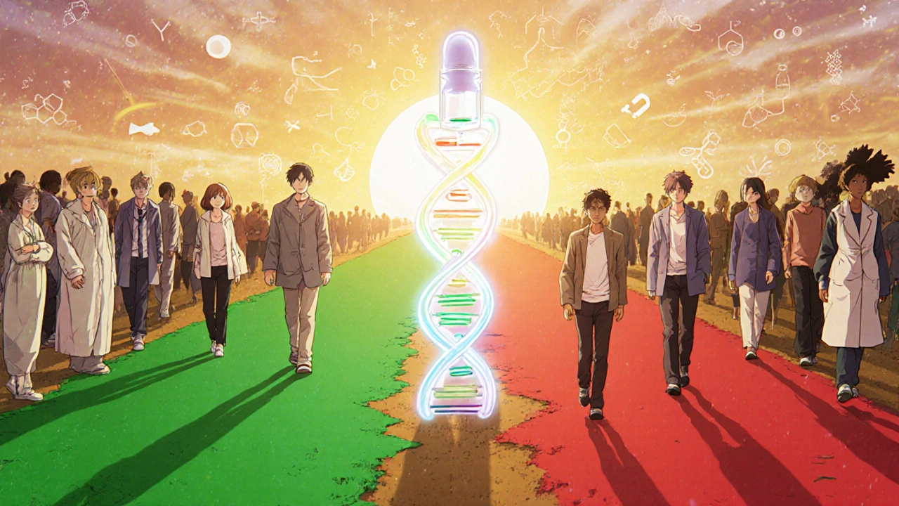 A glowing DNA helix splitting into two paths—one safe, one dangerous—with patients walking forward.