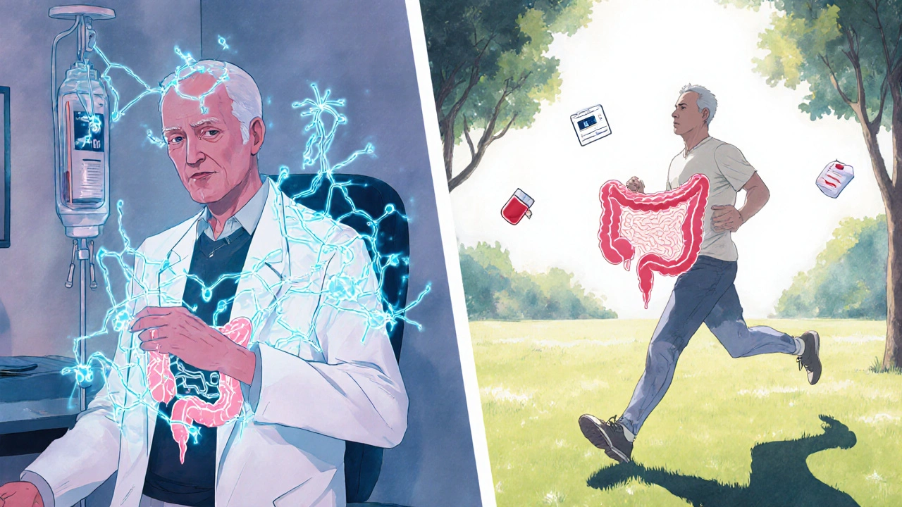 A man receiving biologic treatment, later healthy and jogging, with medical icons fading into nature.