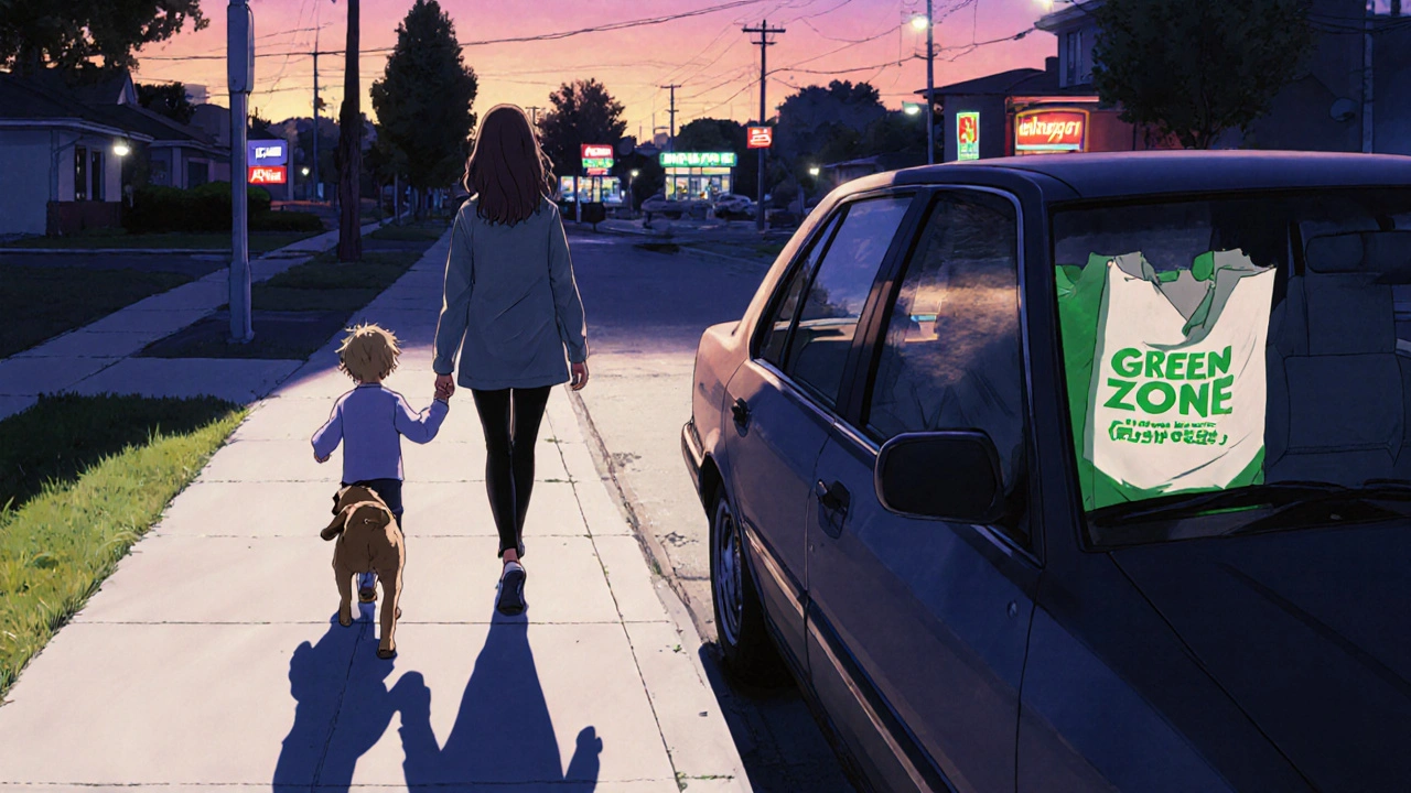 A mother and child walk after sunset with a dog, leaving behind fast food signs, symbolizing daily healthy habits.