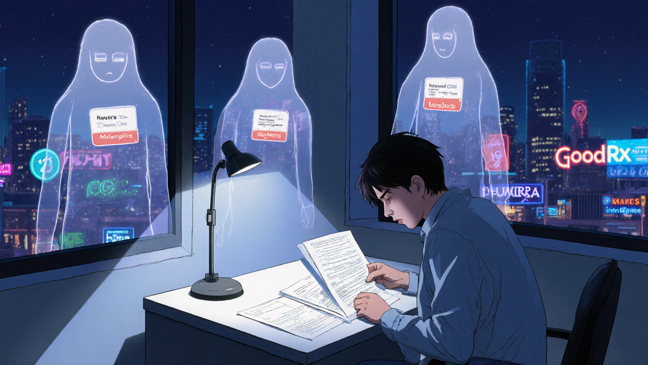 A patient filling out PAP paperwork at night as floating free medications glow above them.