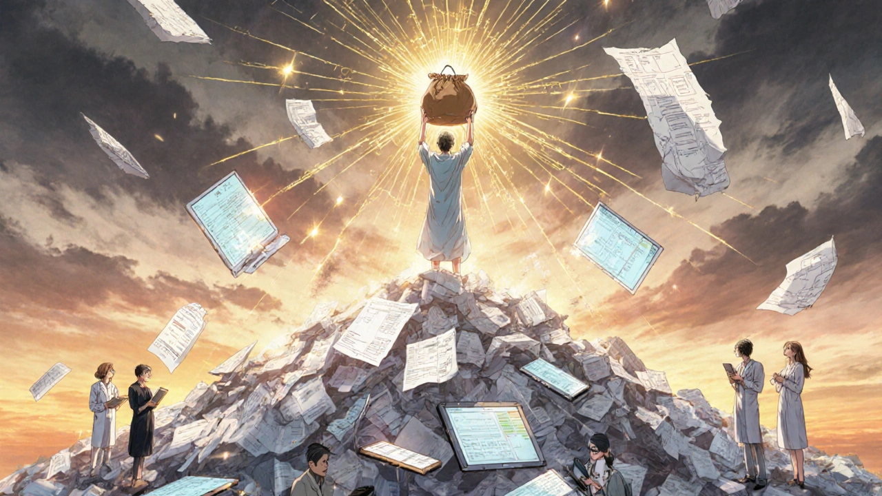 A person holds up a brown bag as light connects them to healthcare systems below.