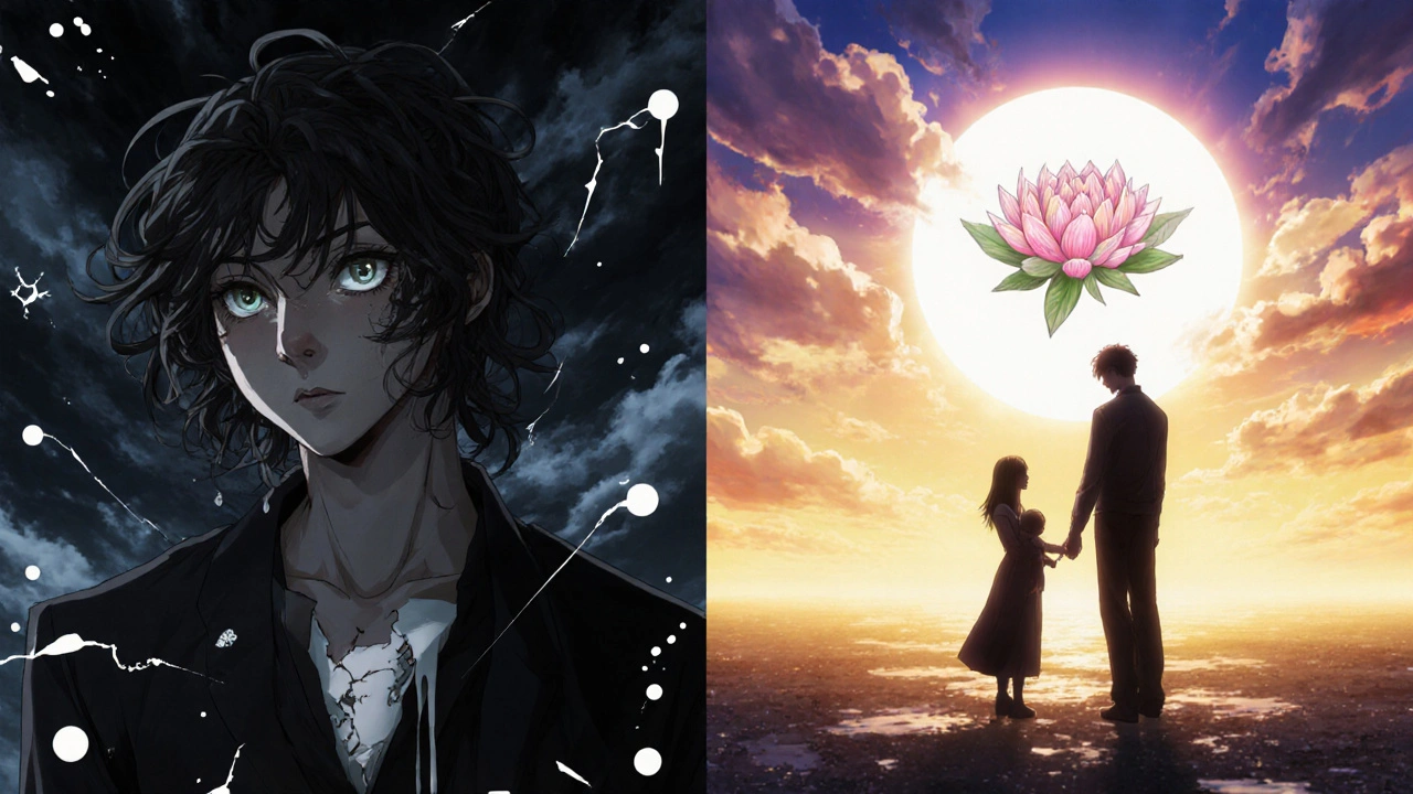 A person transformed from illness to vitality, with dark storm clouds on one side and sunlight and a blooming lotus on the other.