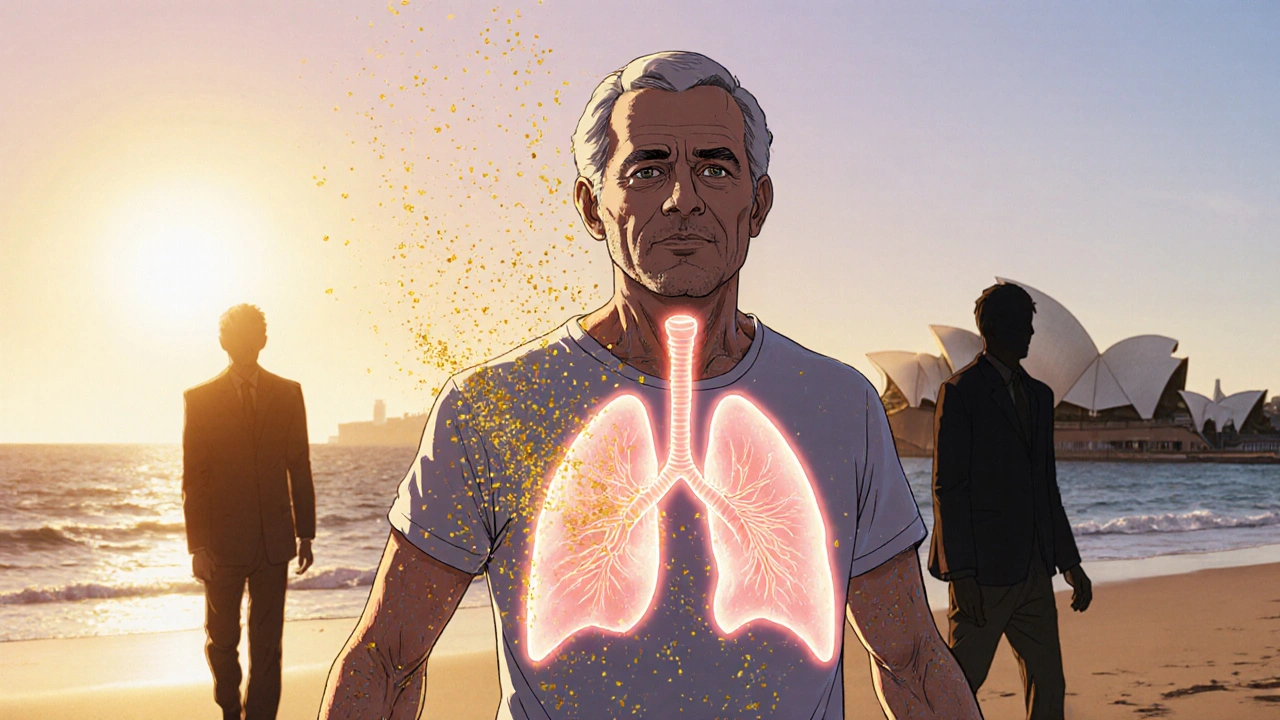 An elderly man walks in morning sunlight as golden calcitriol particles flow into his lungs, restoring health.