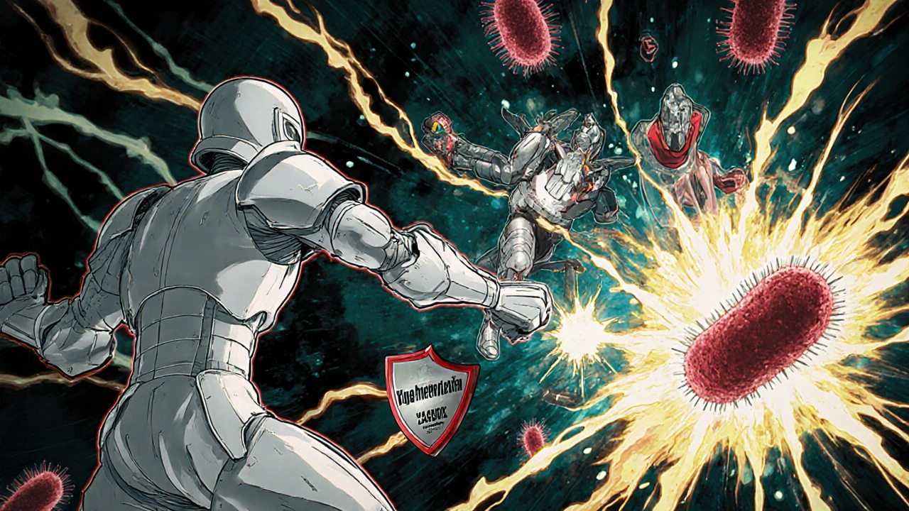 Battle inside the body between amoxicillin soldiers and resistant bacteria, with Augmentin breaking through defenses.